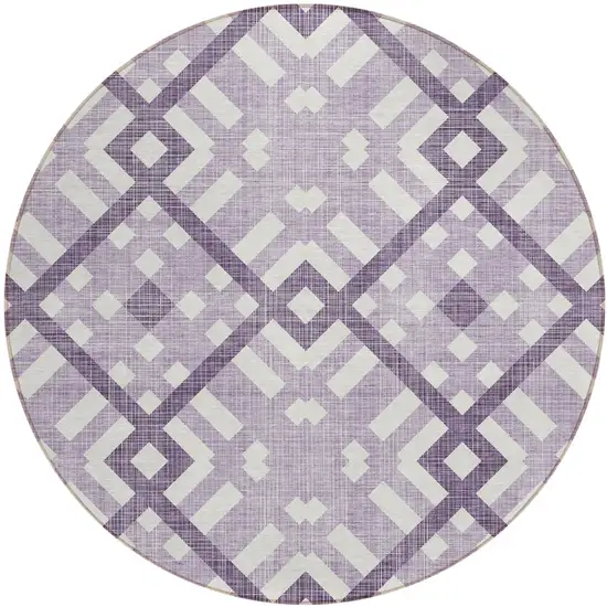 8' Purple Lilac And Ivory Round Geometric Washable Indoor Outdoor Area Rug Photo 2