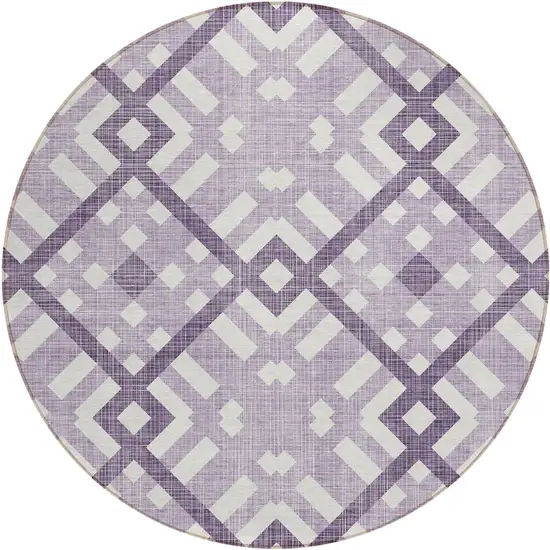 8' Purple Lilac And Ivory Round Geometric Washable Indoor Outdoor Area Rug Photo 2