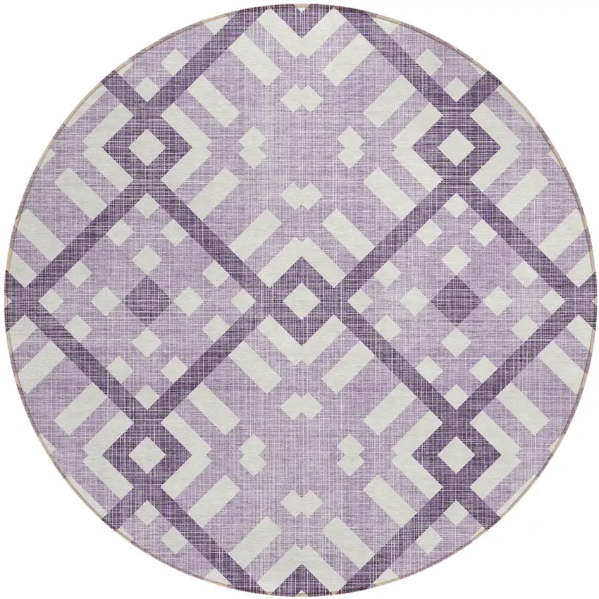 8' Purple Lilac And Ivory Round Geometric Washable Indoor Outdoor Area Rug Photo 2