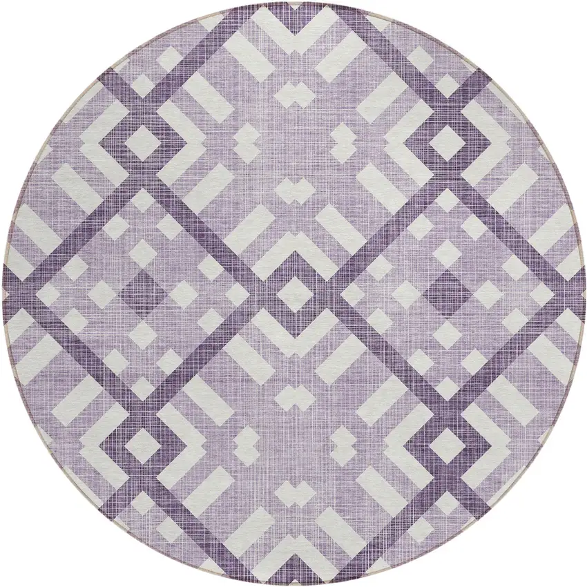 8' Purple Lilac And Ivory Round Geometric Washable Indoor Outdoor Area Rug Photo 2
