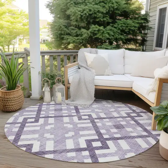 8' Purple Lilac And Ivory Round Geometric Washable Indoor Outdoor Area Rug Photo 5
