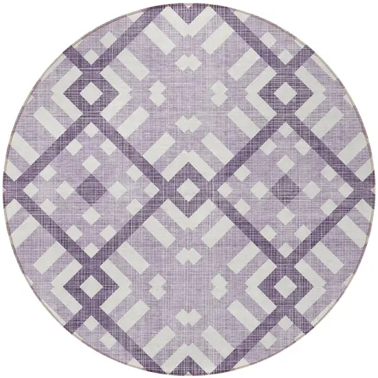 8' Purple Lilac And Ivory Round Geometric Washable Indoor Outdoor Area Rug Photo 4