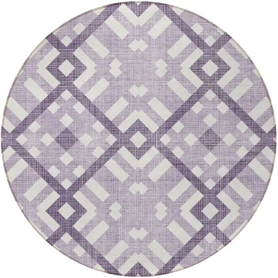8' Purple Lilac And Ivory Round Geometric Washable Indoor Outdoor Area Rug Photo 4