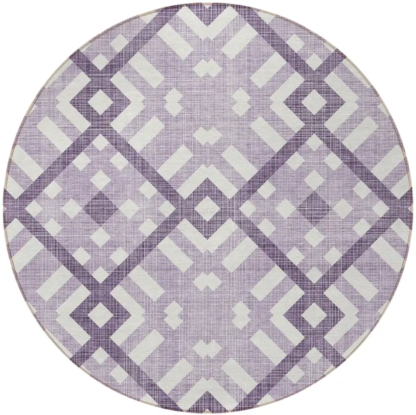 8' Purple Lilac And Ivory Round Geometric Washable Indoor Outdoor Area Rug Photo 4