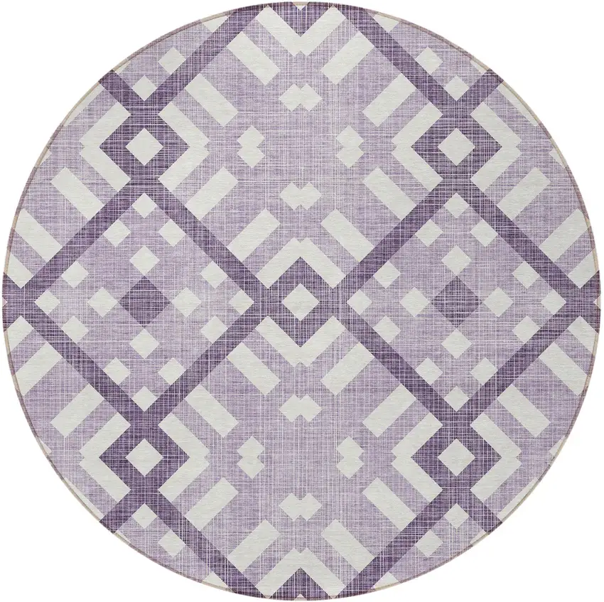 8' Purple Lilac And Ivory Round Geometric Washable Indoor Outdoor Area Rug Photo 4