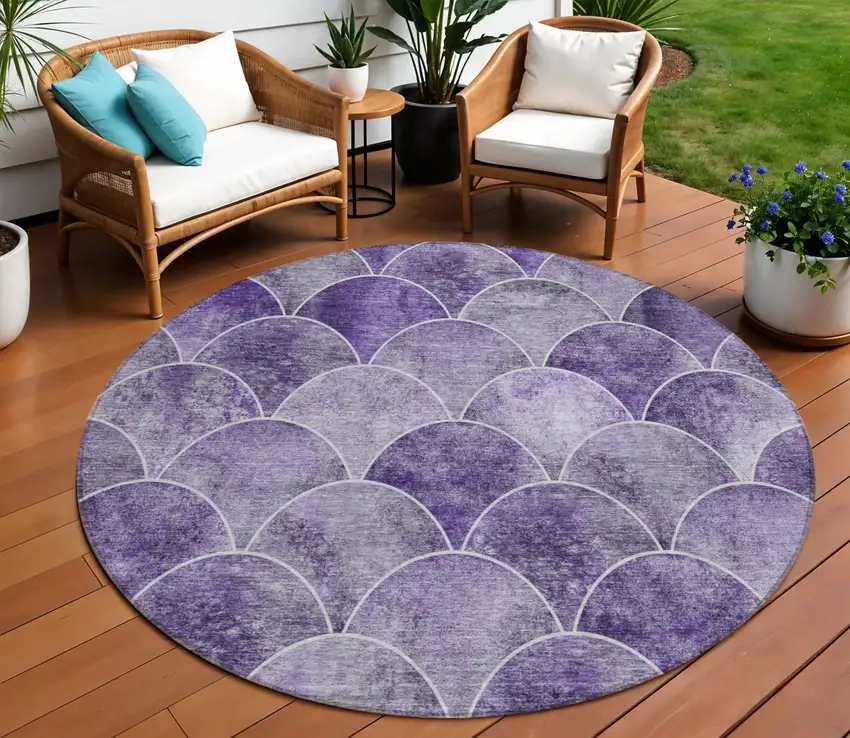 8' Purple Lilac And Lavender Round Abstract Washable Indoor Outdoor Area Rug Photo 1
