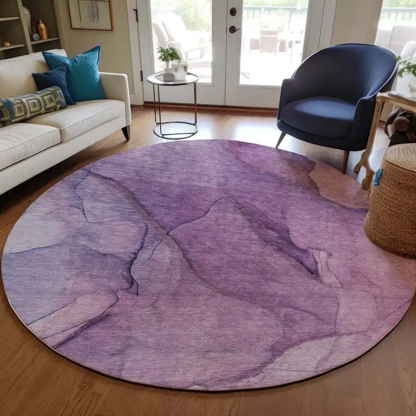 8' Purple Lilac And Lavender Round Abstract Washable Indoor Outdoor Area Rug Photo 7