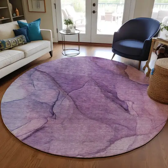 8' Purple Lilac And Lavender Round Abstract Washable Indoor Outdoor Area Rug Photo 7