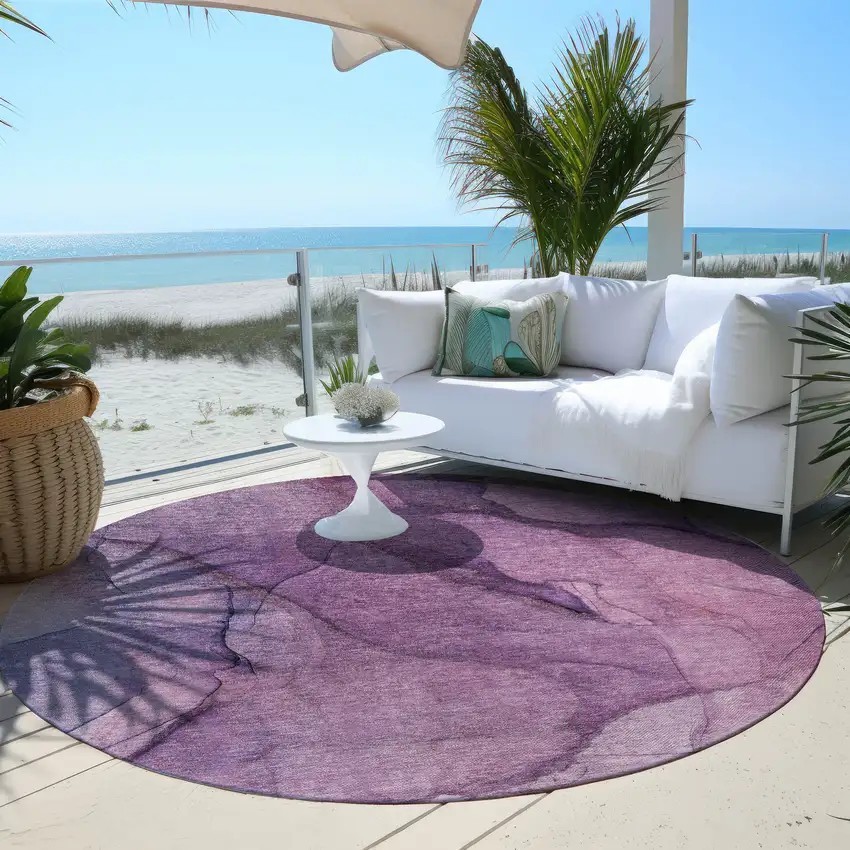 8' Purple Lilac And Lavender Round Abstract Washable Indoor Outdoor Area Rug Photo 6