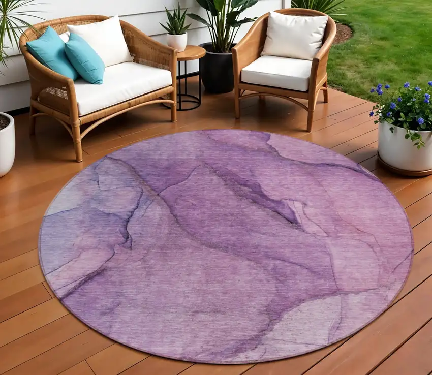 8' Purple Lilac And Lavender Round Abstract Washable Indoor Outdoor Area Rug Photo 1