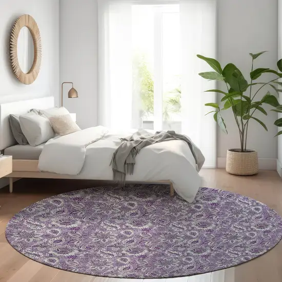 8' Purple Lilac And Lavender Round Floral Washable Indoor Outdoor Area Rug Photo 7
