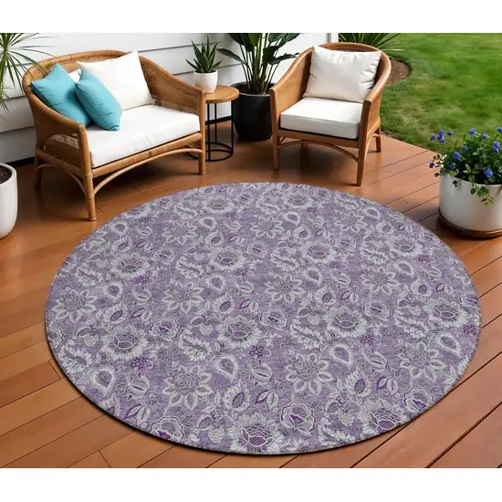 8' Purple Lilac And Lavender Round Floral Washable Indoor Outdoor Area Rug Photo 1