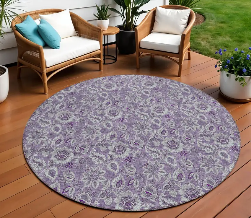 8' Purple Lilac And Lavender Round Floral Washable Indoor Outdoor Area Rug Photo 1