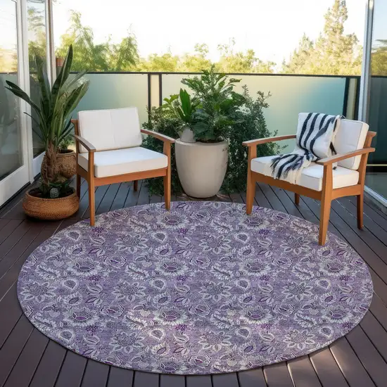 8' Purple Lilac And Lavender Round Floral Washable Indoor Outdoor Area Rug Photo 6