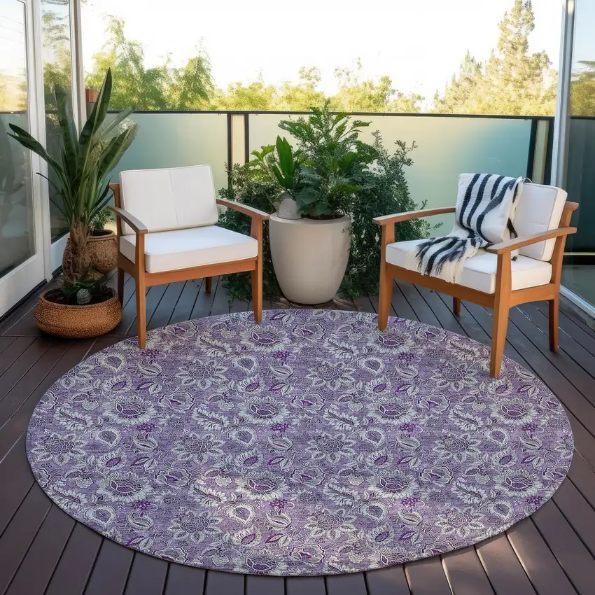 8' Purple Lilac And Lavender Round Floral Washable Indoor Outdoor Area Rug Photo 6