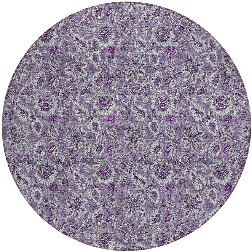 8' Purple Lilac And Lavender Round Floral Washable Indoor Outdoor Area Rug Photo 2