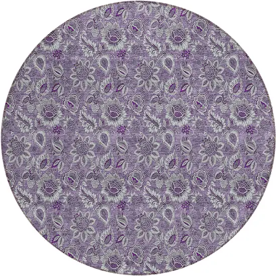8' Purple Lilac And Lavender Round Floral Washable Indoor Outdoor Area Rug Photo 2
