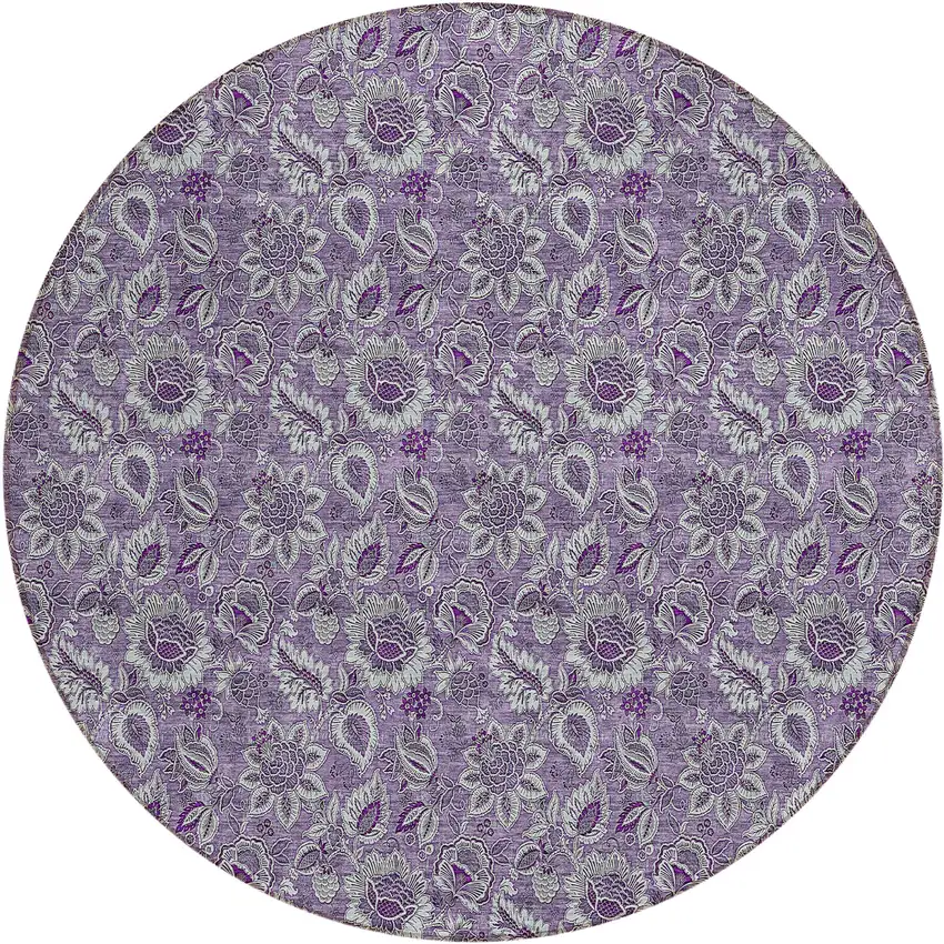 8' Purple Lilac And Lavender Round Floral Washable Indoor Outdoor Area Rug Photo 2