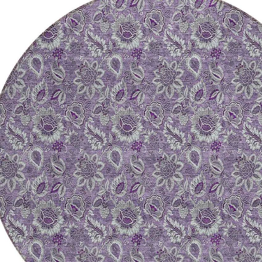 8' Purple Lilac And Lavender Round Floral Washable Indoor Outdoor Area Rug Photo 4