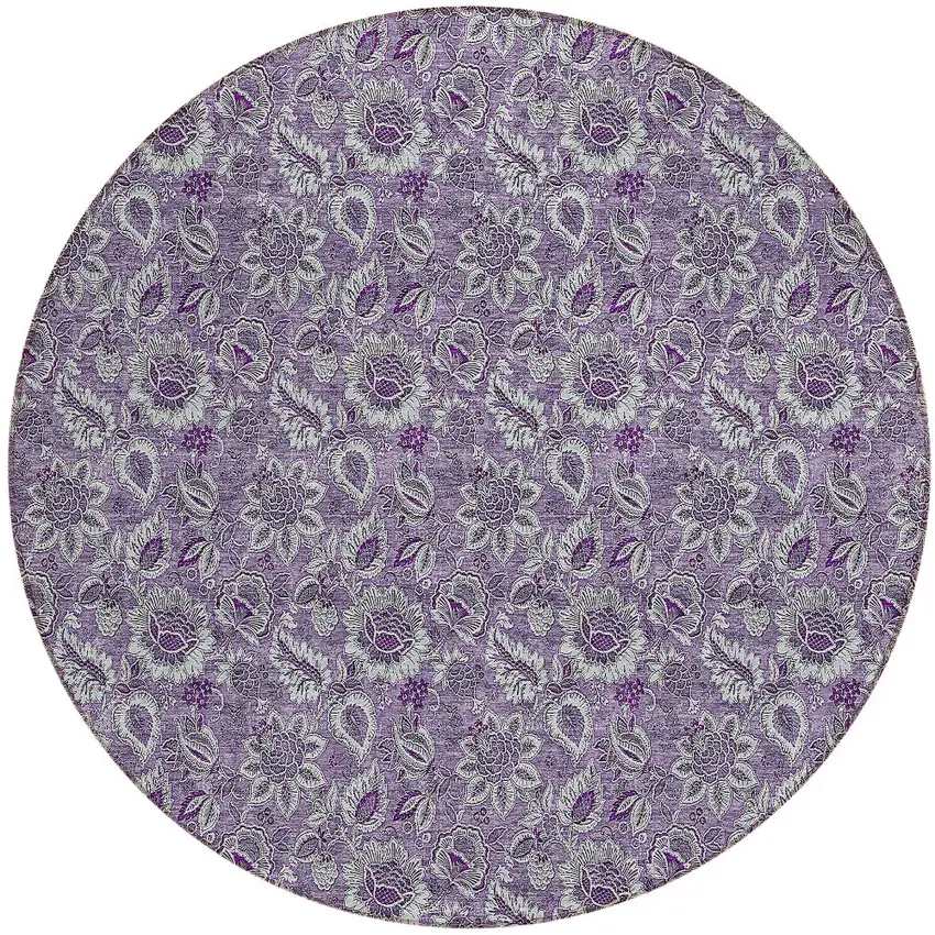 8' Purple Lilac And Lavender Round Floral Washable Indoor Outdoor Area Rug Photo 5