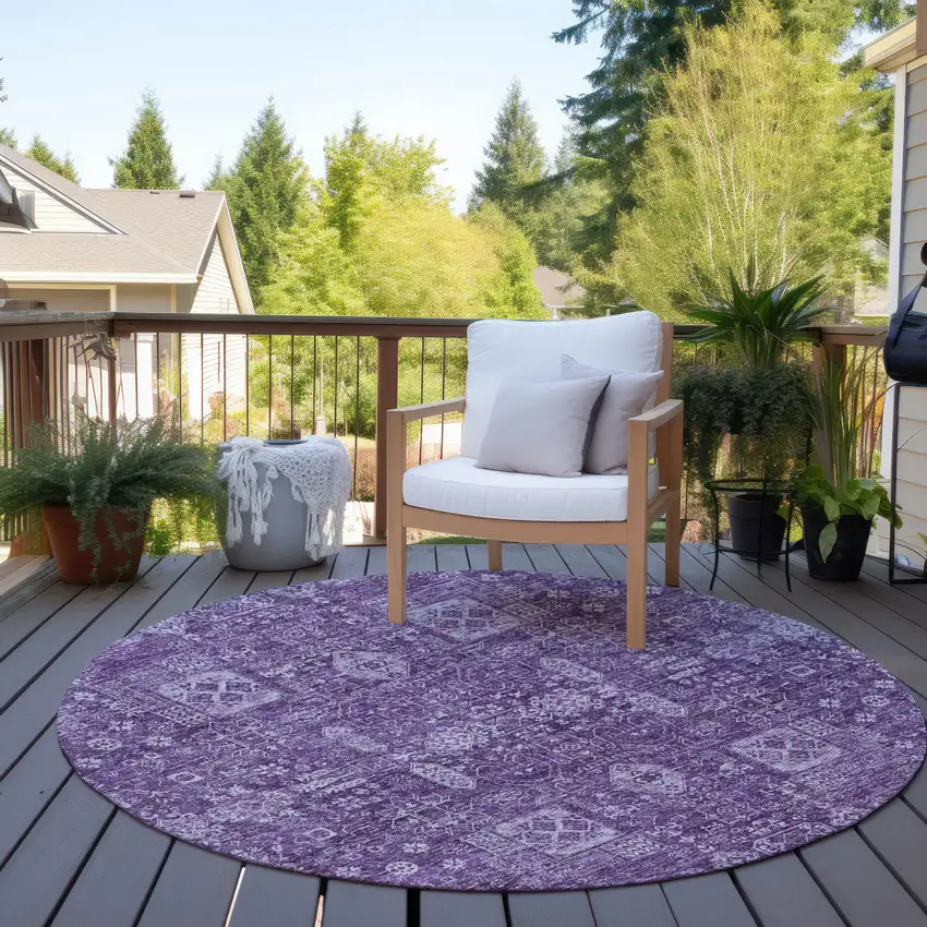 8' Purple Lilac And Lavender Round Oriental Washable Indoor Outdoor Area Rug Photo 7