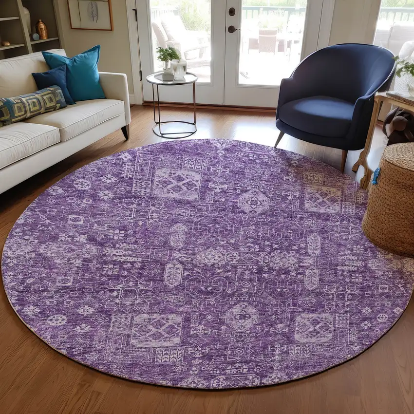8' Purple Lilac And Lavender Round Oriental Washable Indoor Outdoor Area Rug Photo 8