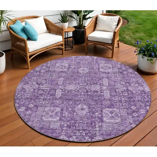 8' Purple Lilac And Lavender Round Oriental Washable Indoor Outdoor Area Rug Photo 1