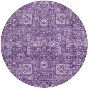 Photo of 8' Purple Lilac And Lavender Round Oriental Washable Indoor Outdoor Area Rug
