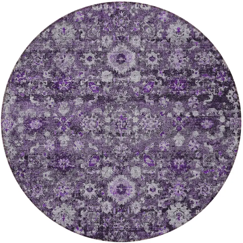 8' Purple Lilac And Lavender Round Oriental Washable Indoor Outdoor Area Rug Photo 5