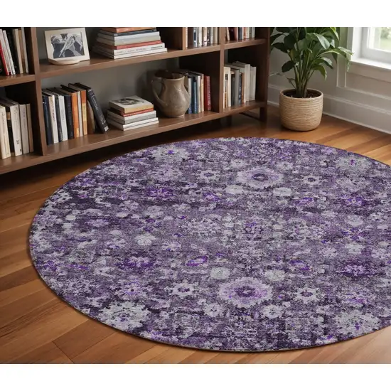 8' Purple Lilac And Lavender Round Oriental Washable Indoor Outdoor Area Rug Photo 9