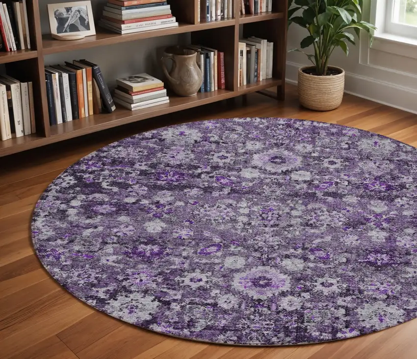 8' Purple Lilac And Lavender Round Oriental Washable Indoor Outdoor Area Rug Photo 9