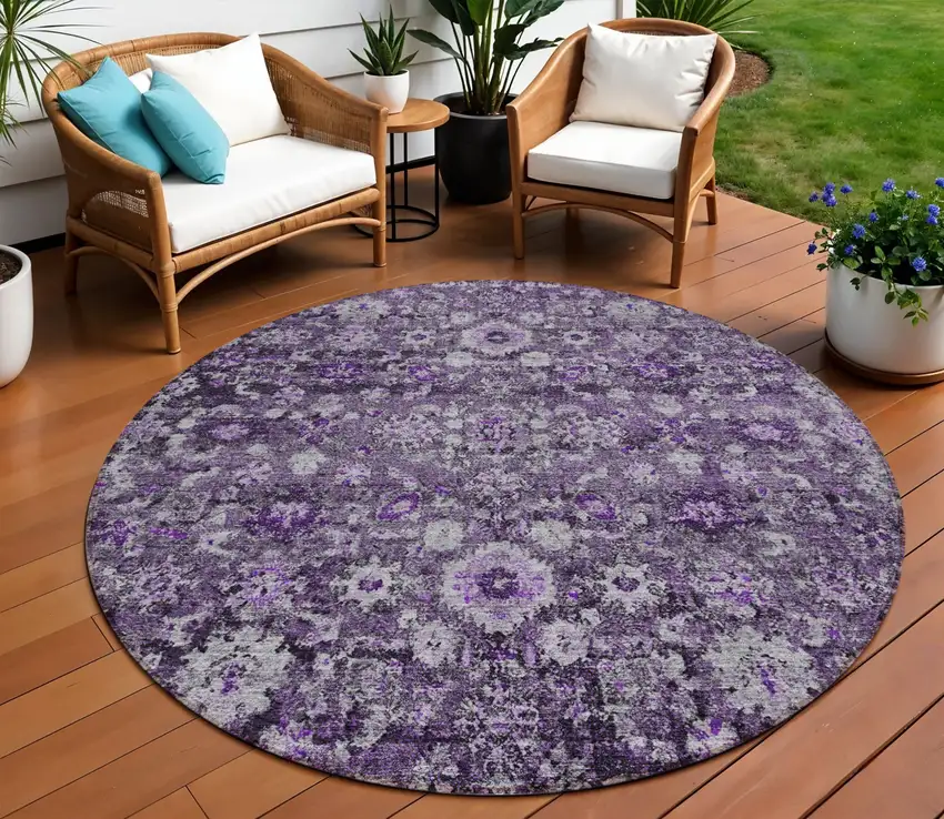 8' Purple Lilac And Lavender Round Oriental Washable Indoor Outdoor Area Rug Photo 1