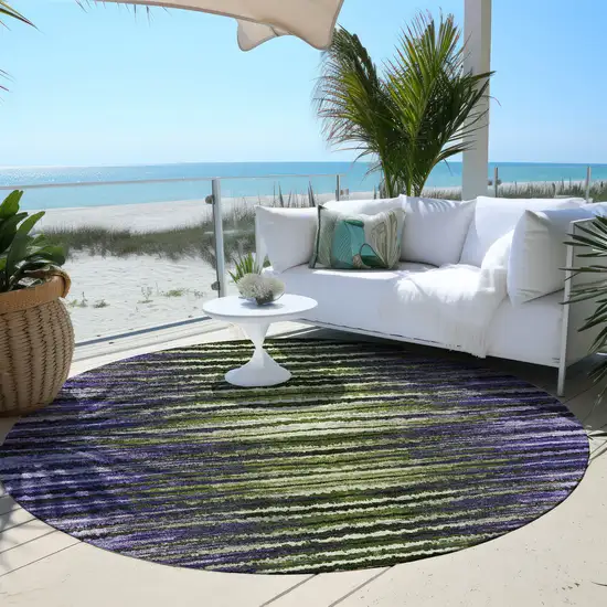 8' Purple Lilac And Lavender Round Striped Washable Indoor Outdoor Area Rug Photo 6