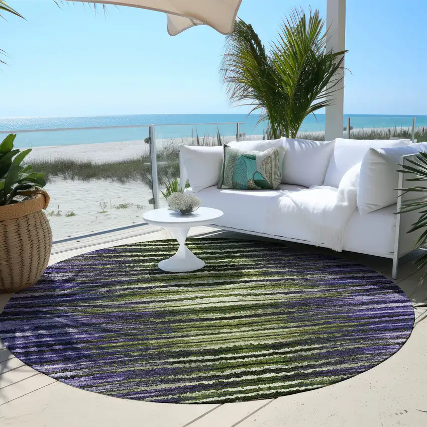8' Purple Lilac And Lavender Round Striped Washable Indoor Outdoor Area Rug Photo 6