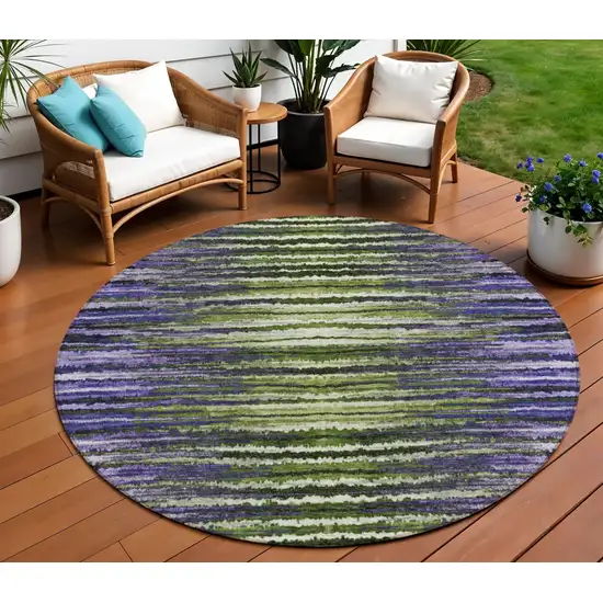 8' Purple Lilac And Lavender Round Striped Washable Indoor Outdoor Area Rug Photo 1