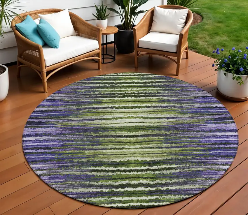 8' Purple Lilac And Lavender Round Striped Washable Indoor Outdoor Area Rug Photo 1