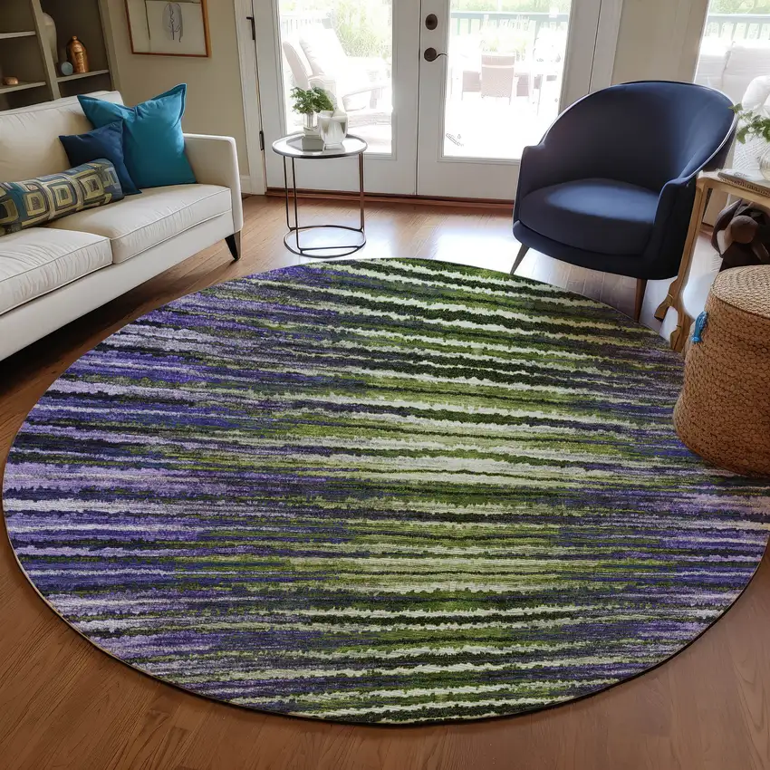 8' Purple Lilac And Lavender Round Striped Washable Indoor Outdoor Area Rug Photo 7