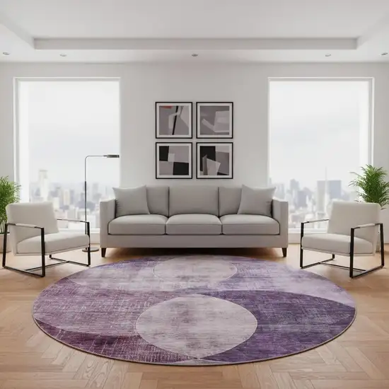 8' Purple Lilac And Mauve Geometric Washable Round Rug With UV Protection Photo 2