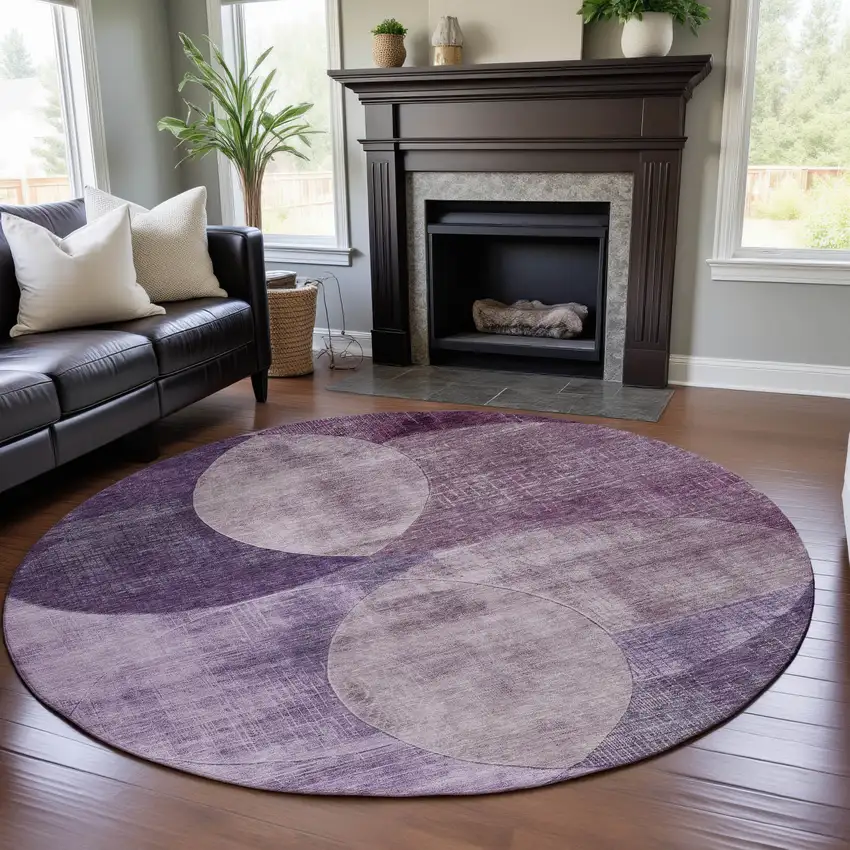 8' Purple Lilac And Mauve Geometric Washable Round Rug With UV Protection Photo 4