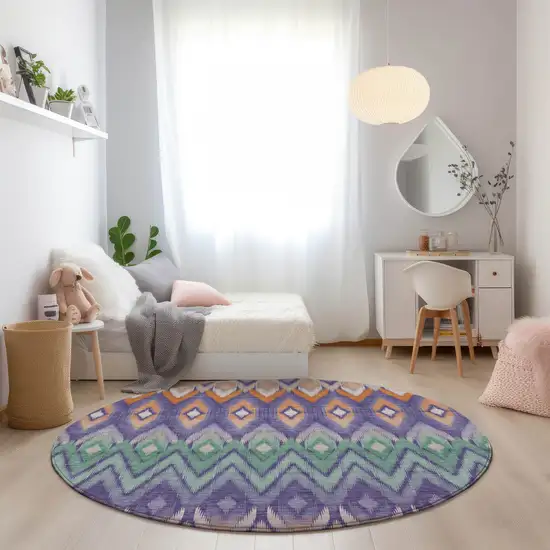 8' Purple Lilac And Orange Round Southwestern Washable Indoor Outdoor Area Rug Photo 7