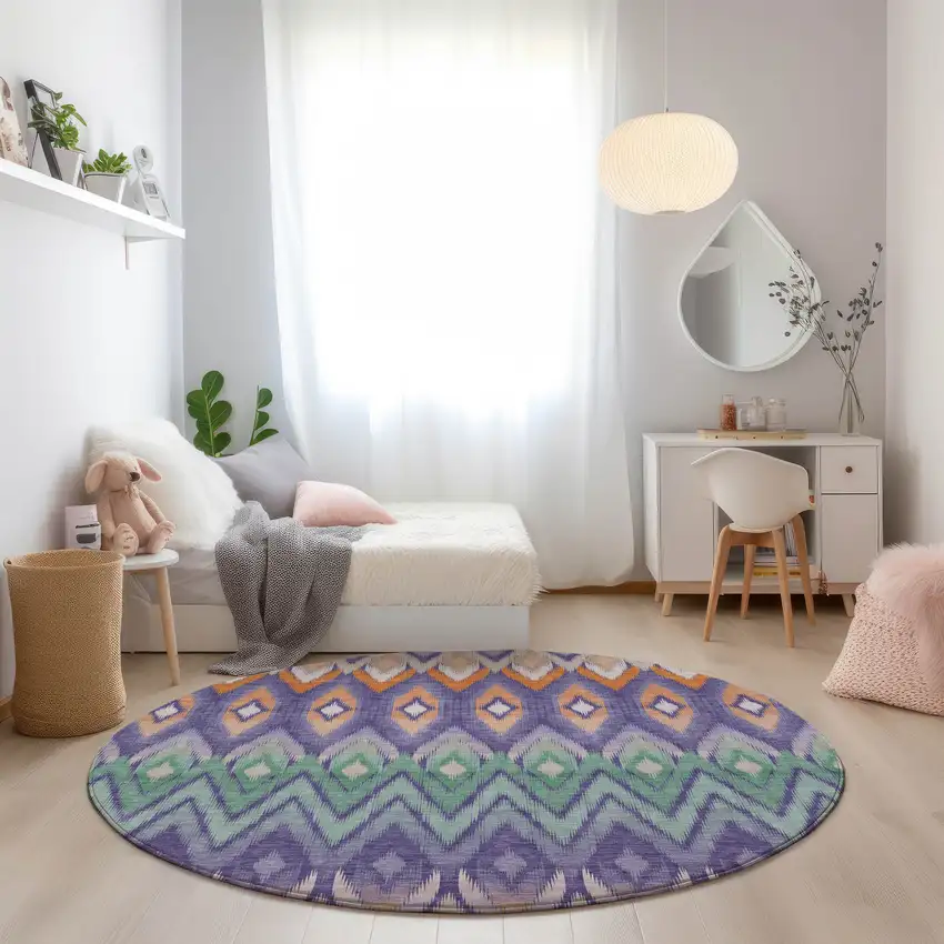 8' Purple Lilac And Orange Round Southwestern Washable Indoor Outdoor Area Rug Photo 7