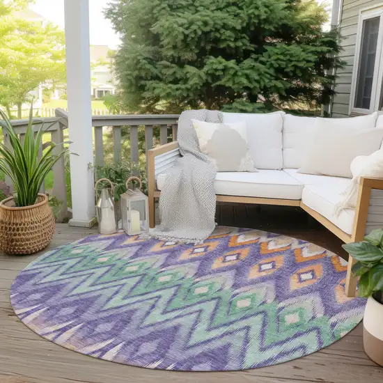 8' Purple Lilac And Orange Round Southwestern Washable Indoor Outdoor Area Rug Photo 6