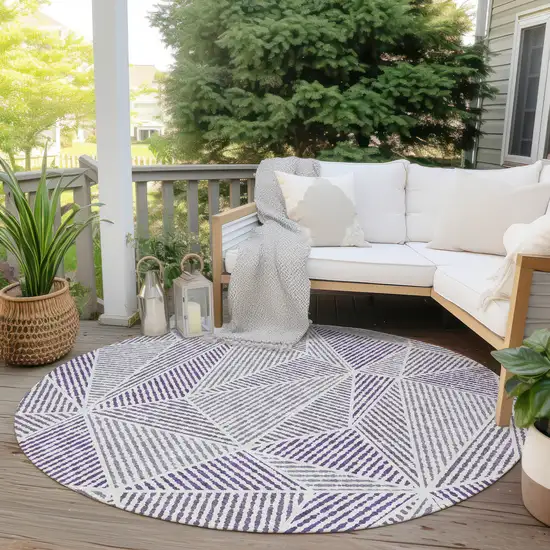 8' Purple Lilac And Silver Round Geometric Washable Indoor Outdoor Area Rug Photo 5