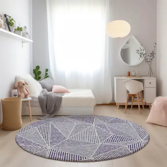 8' Purple Lilac And Silver Round Geometric Washable Indoor Outdoor Area Rug Photo 6