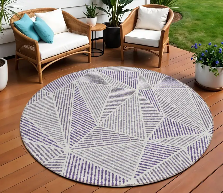 8' Purple Lilac And Silver Round Geometric Washable Indoor Outdoor Area Rug Photo 1