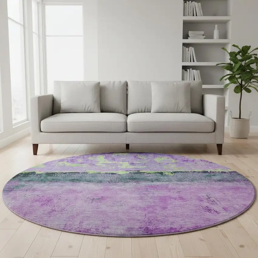 8' Purple Lime Green And Teal Abstract Washable Round Rug With UV Protection Photo 2