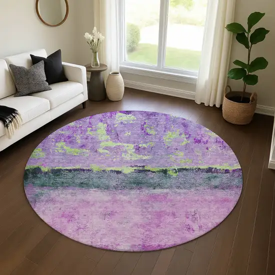 8' Purple Lime Green And Teal Abstract Washable Round Rug With UV Protection Photo 4