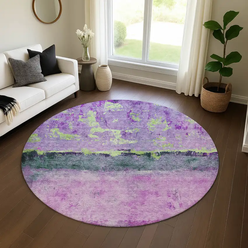 8' Purple Lime Green And Teal Abstract Washable Round Rug With UV Protection Photo 4