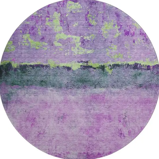 8' Purple Lime Green And Teal Abstract Washable Round Rug With UV Protection Photo 3
