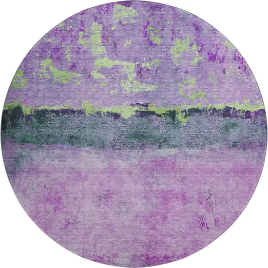 8' Purple Lime Green And Teal Abstract Washable Round Rug With UV Protection Photo 1
